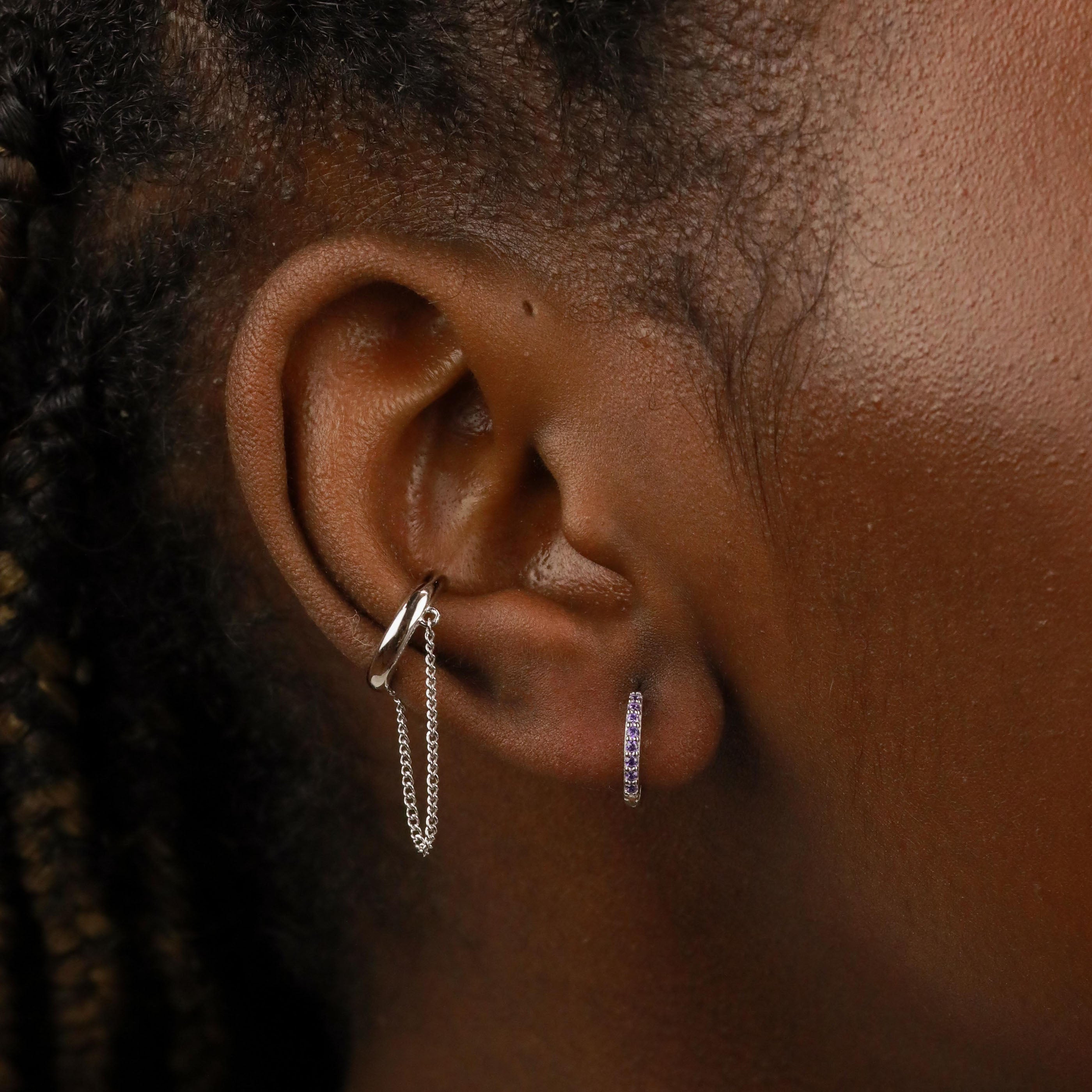 February Birthstone Huggies in Silver with Amethyst CZ