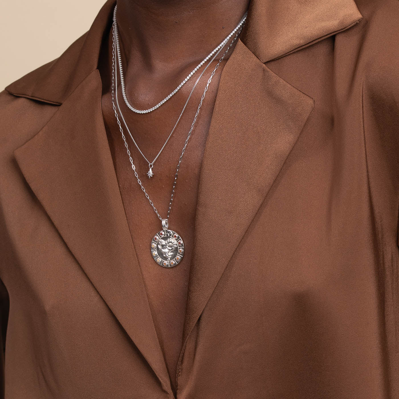 Aries Bold Zodiac Pendant Necklace in Silver Worn