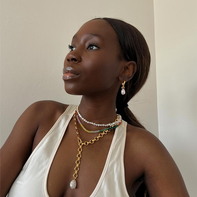Serenity Pearl Link Chain Necklace in Gold worn by Danielle Jinadu