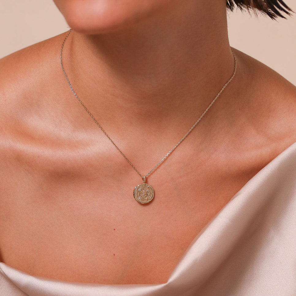 Virgo Zodiac Pendant Necklace in Gold worn