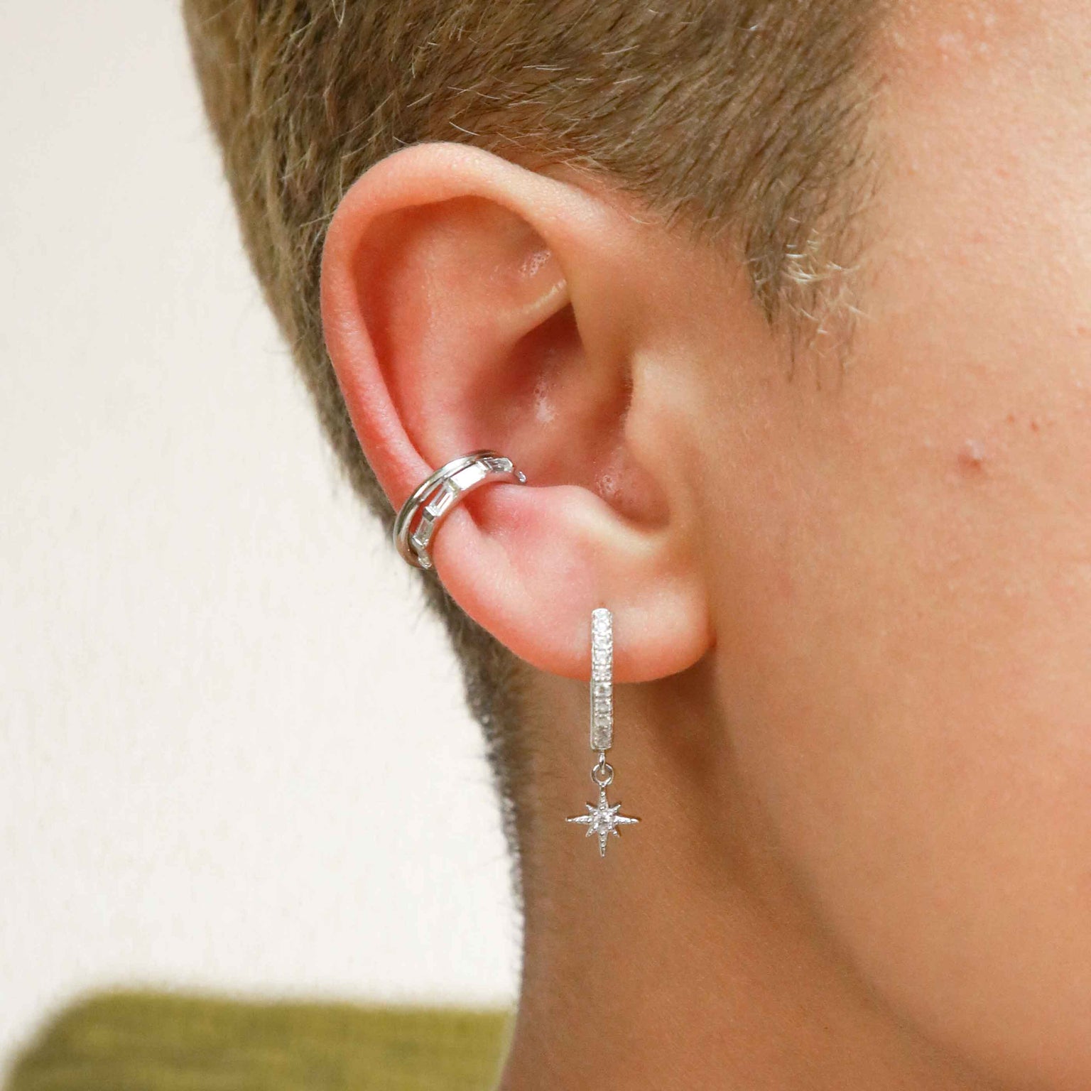 Crystal Star Hoops in Silver worn with ear cuffs