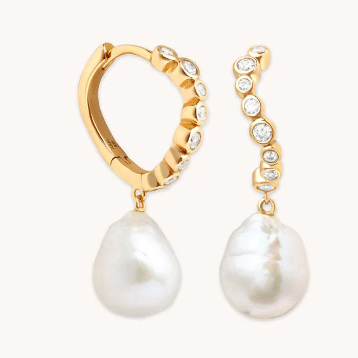 Pearl Charm Crystal Hoops in Gold