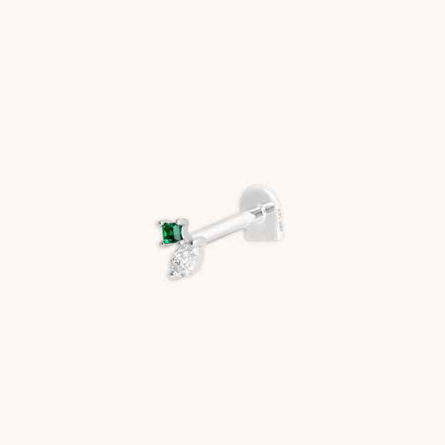 Diamond & Emerald Pear Piercing Stud in Solid White Gold