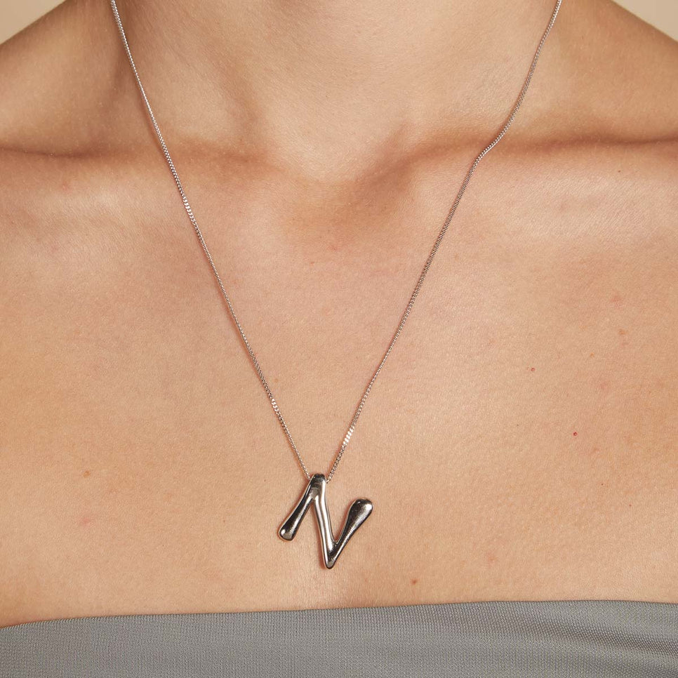 Necklaces & Bracelets - N Initial Bold Pendant Necklace in Silver - Pendant Necklace - Astrid &amp; Miyu