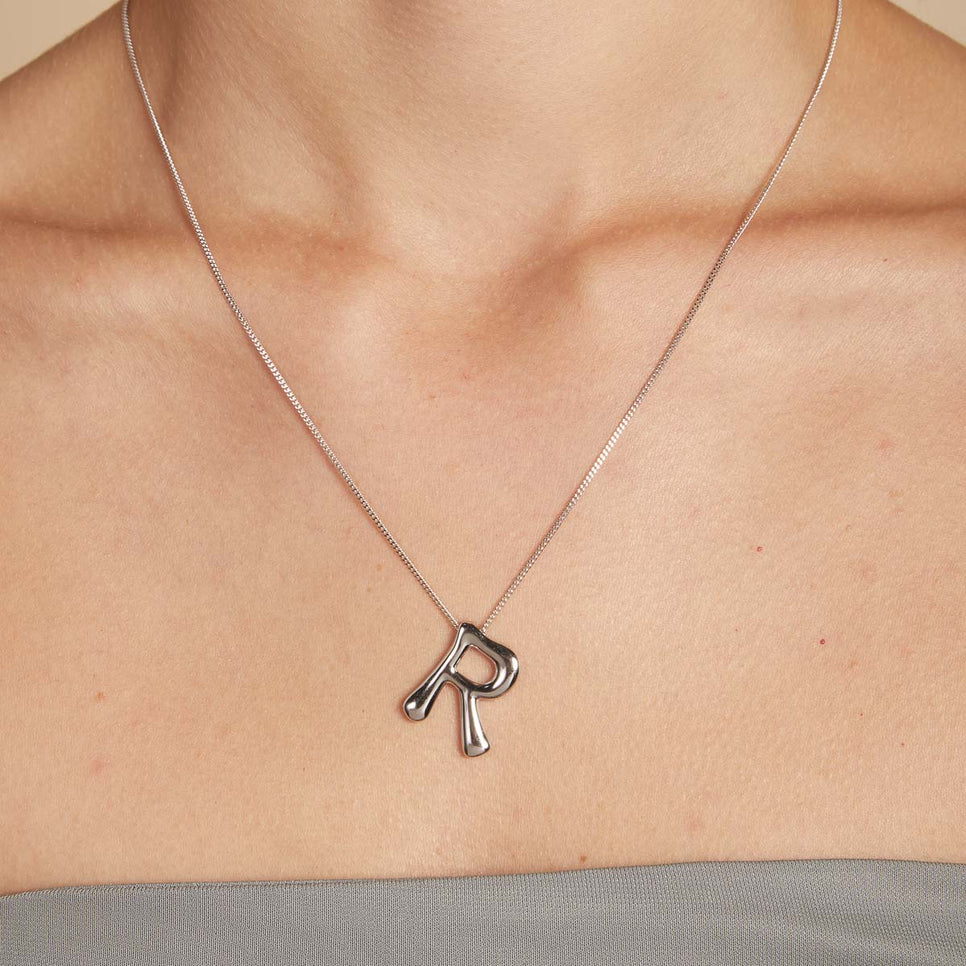 Necklaces & Bracelets - R Initial Bold Pendant Necklace in Silver - Pendant Necklace - Astrid &amp; Miyu