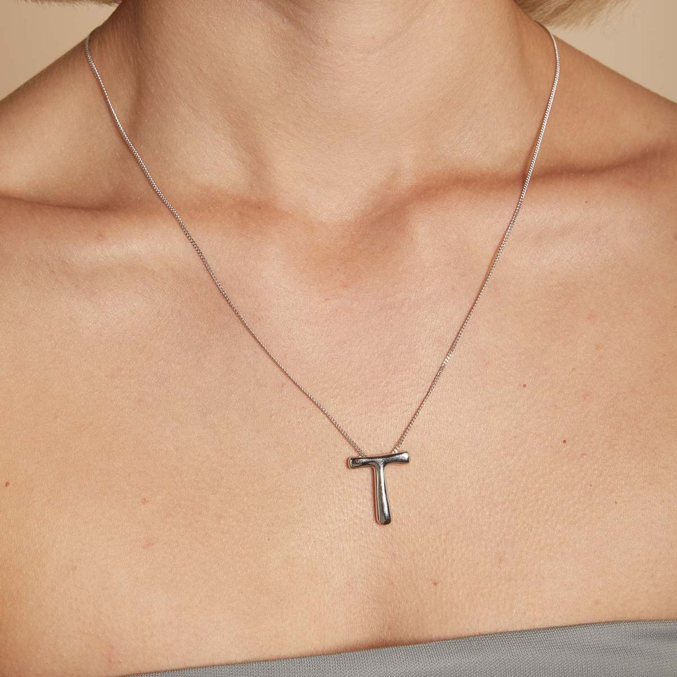Necklaces & Bracelets - T Initial Bold Pendant Necklace in Silver - Pendant Necklace - Astrid &amp; Miyu