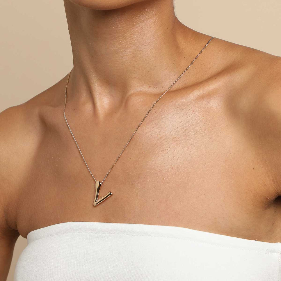 18k Gold Plated Jewellery - V Initial Bold Pendant Necklace in Gold - Pendant Necklace - Astrid &amp; Miyu