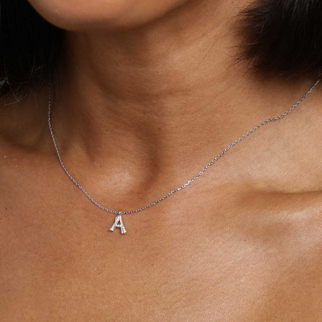 Gemstone Necklaces - A Initial Pavé Pendant Necklace in Silver - Pendant Necklace - Astrid &amp; Miyu