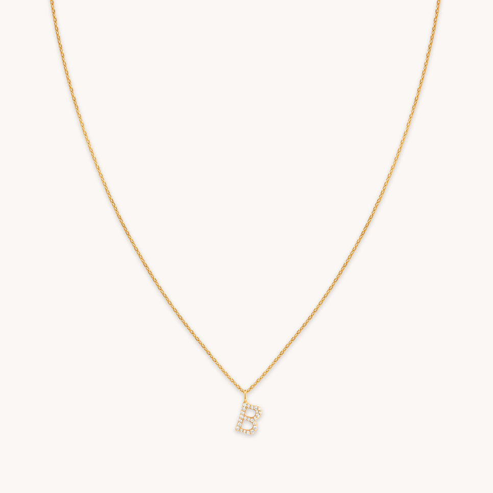 B Initial Pavé Pendant Necklace in Gold