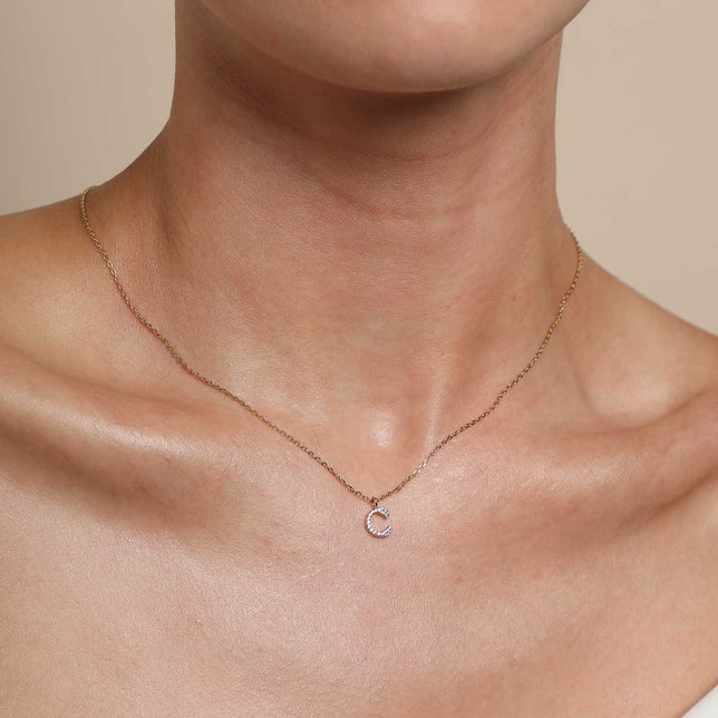 C Initial Pavé Pendant Necklace in Gold