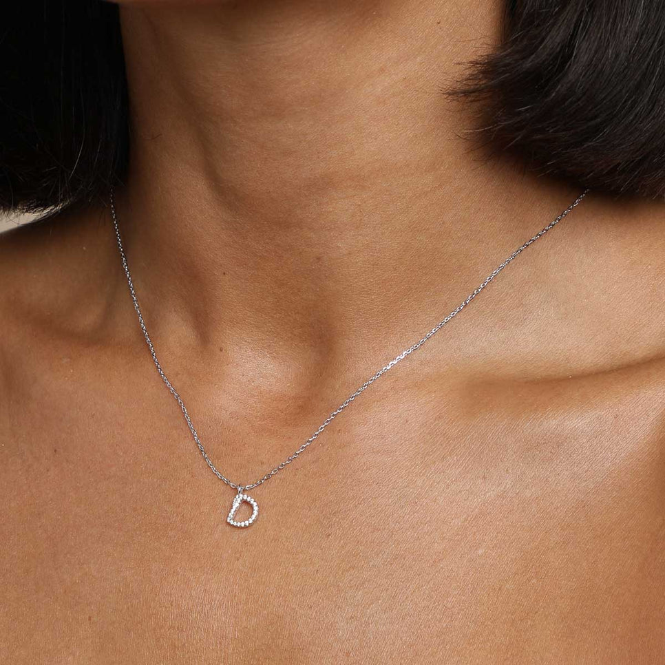 D Initial Pavé Pendant Necklace in Silver