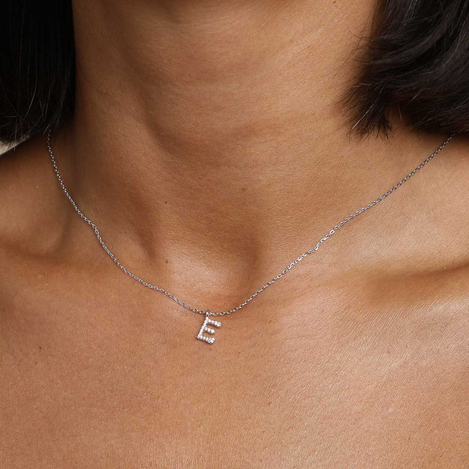 E Initial Pavé Pendant Necklace in Silver