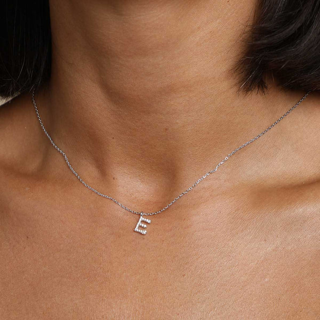 Gemstone Necklaces - E Initial Pavé Pendant Necklace in Silver - Pendant Necklace - Astrid &amp; Miyu