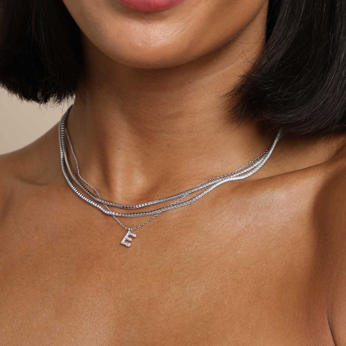 Gemstone Necklaces - E Initial Pavé Pendant Necklace in Silver - Pendant Necklace - Astrid &amp; Miyu