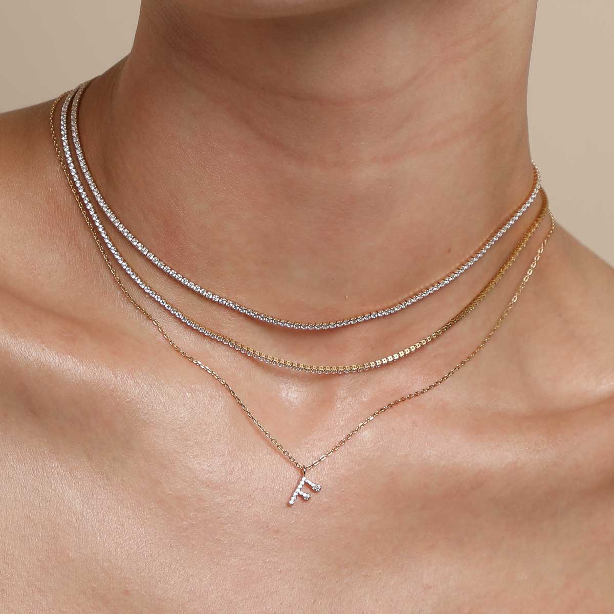 18k Gold Plated Jewellery - F Initial Pavé Pendant Necklace in Gold - Pendant Necklaces - Astrid &amp; Miyu