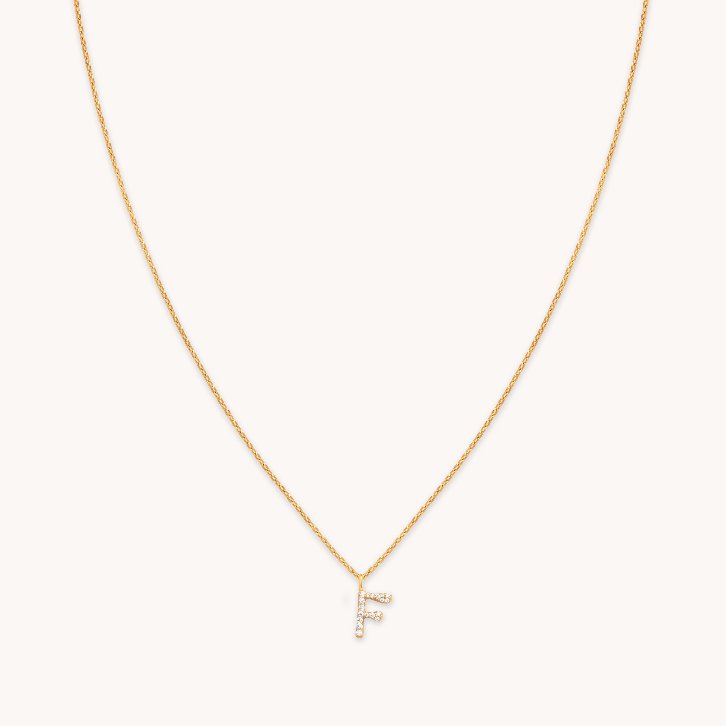 18k Gold Plated Jewellery - F Initial Pavé Pendant Necklace in Gold - Pendant Necklaces - Astrid &amp; Miyu