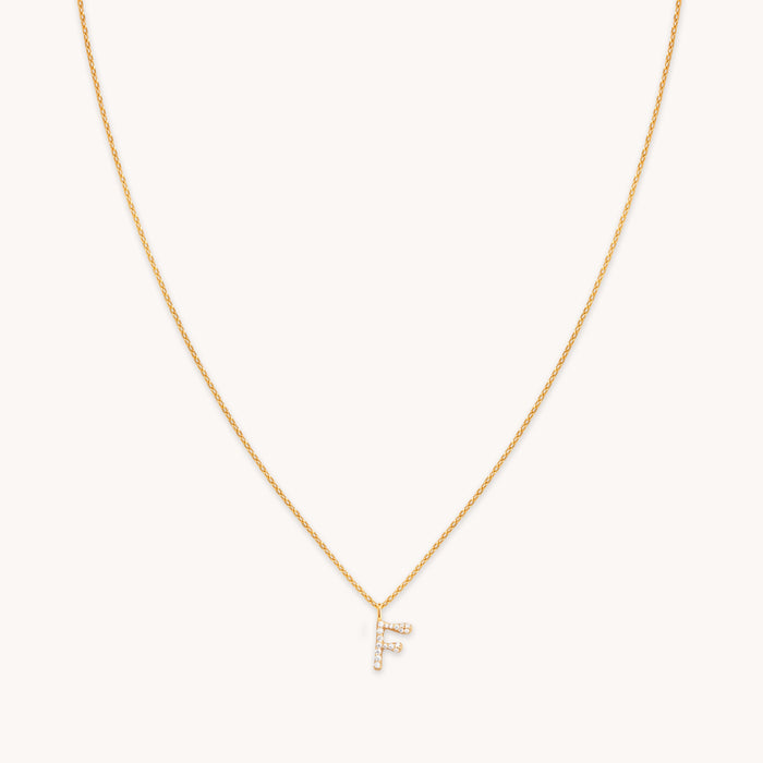18k Gold Plated Jewellery - F Initial Pavé Pendant Necklace in Gold - Pendant Necklaces - Astrid &amp; Miyu