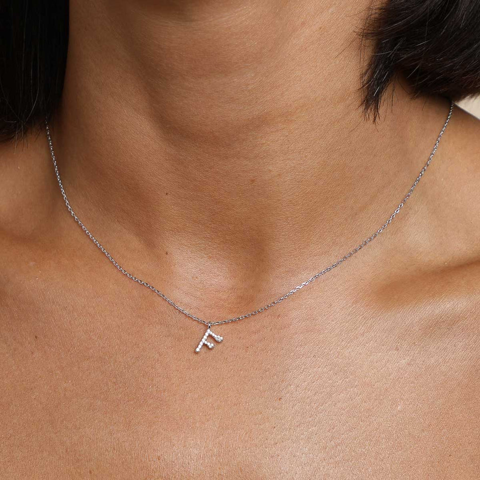 Gemstone Necklaces - F Initial Pavé Pendant Necklace in Silver - Pendant Necklace - Astrid &amp; Miyu