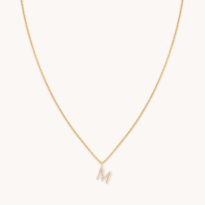 18k Gold Plated Jewellery - M Initial Pavé Pendant Necklace in Gold - Pendant Necklace - Astrid &amp; Miyu