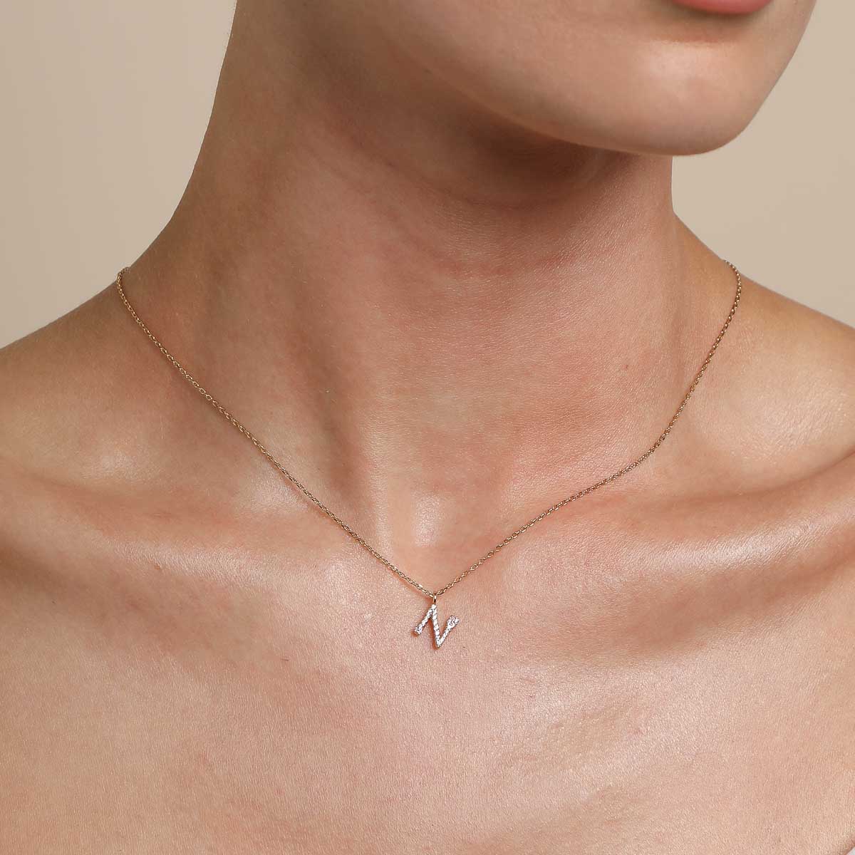 18k Gold Plated Jewellery - N Initial Pavé Pendant Necklace in Gold - Pendant Necklace - Astrid &amp; Miyu