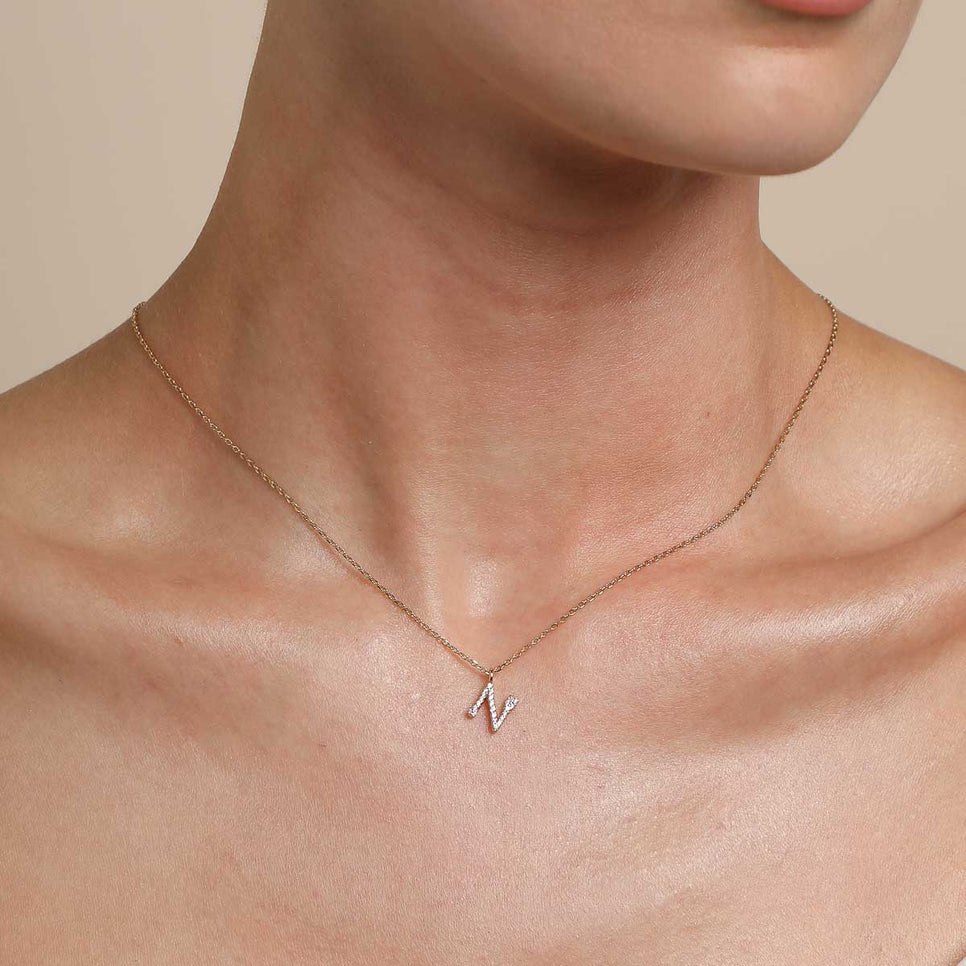18k Gold Plated Jewellery - N Initial Pavé Pendant Necklace in Gold - Pendant Necklace - Astrid &amp; Miyu