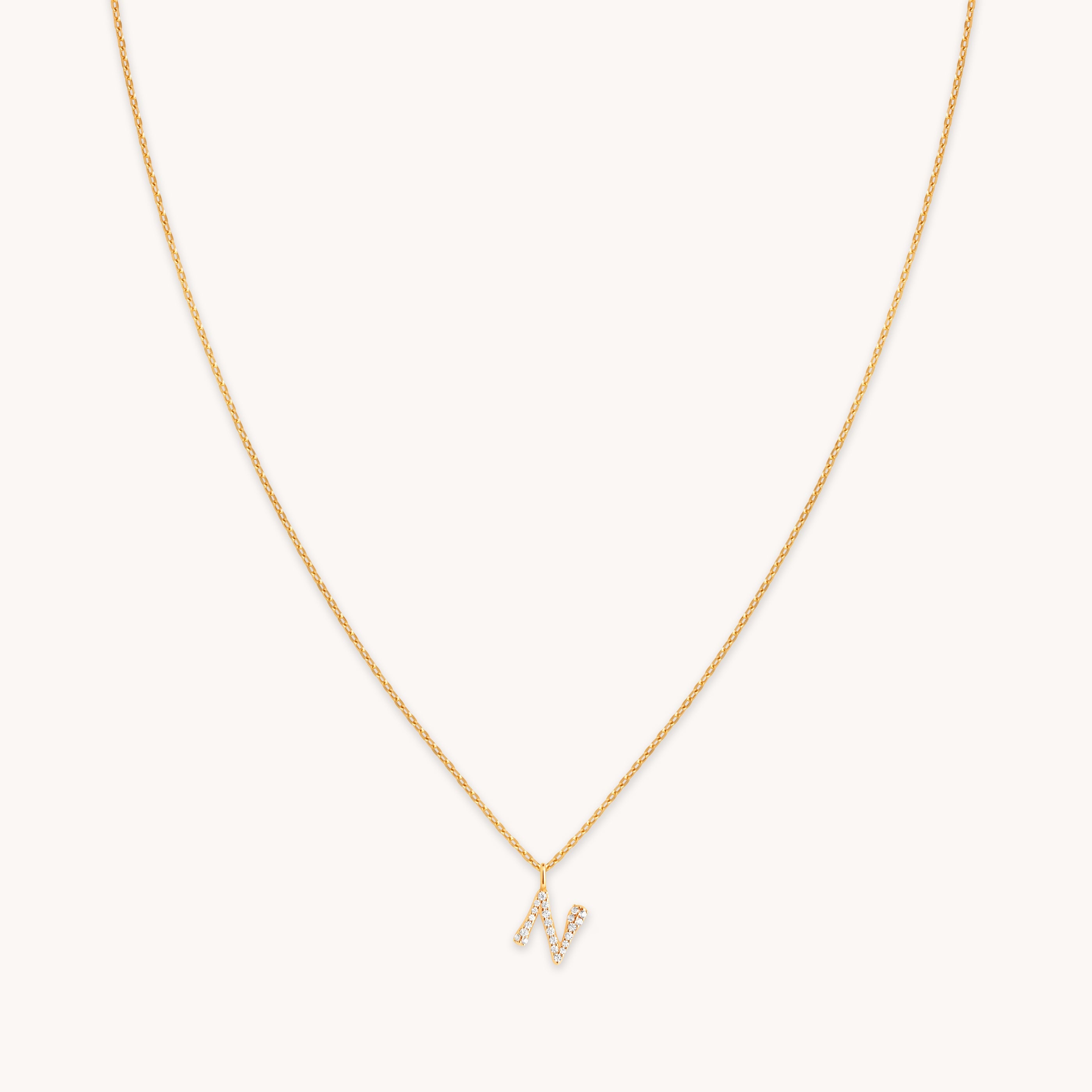18k Gold Plated Jewellery - N Initial Pavé Pendant Necklace in Gold - Pendant Necklace - Astrid &amp; Miyu