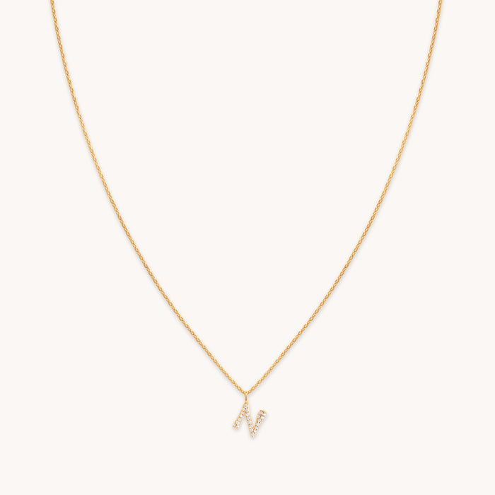 18k Gold Plated Jewellery - N Initial Pavé Pendant Necklace in Gold - Pendant Necklace - Astrid &amp; Miyu