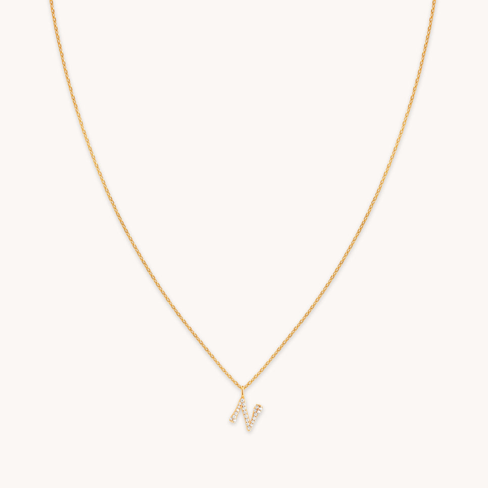 18k Gold Plated Jewellery - N Initial Pavé Pendant Necklace in Gold - Pendant Necklace - Astrid &amp; Miyu