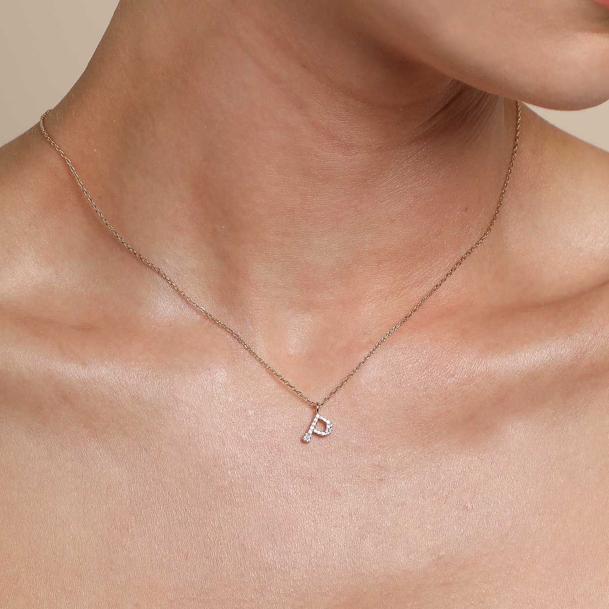 18k Gold Plated Jewellery - P Initial Pavé Pendant Necklace in Gold - Pendant Necklace - Astrid &amp; Miyu