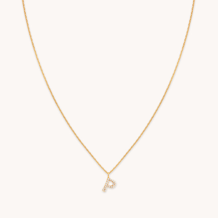 18k Gold Plated Jewellery - P Initial Pavé Pendant Necklace in Gold - Pendant Necklace - Astrid &amp; Miyu