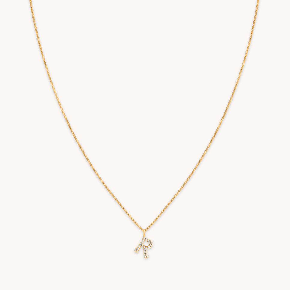 18k Gold Plated Jewellery - R Initial Pavé Pendant Necklace in Gold - Pendant Necklace - Astrid &amp; Miyu