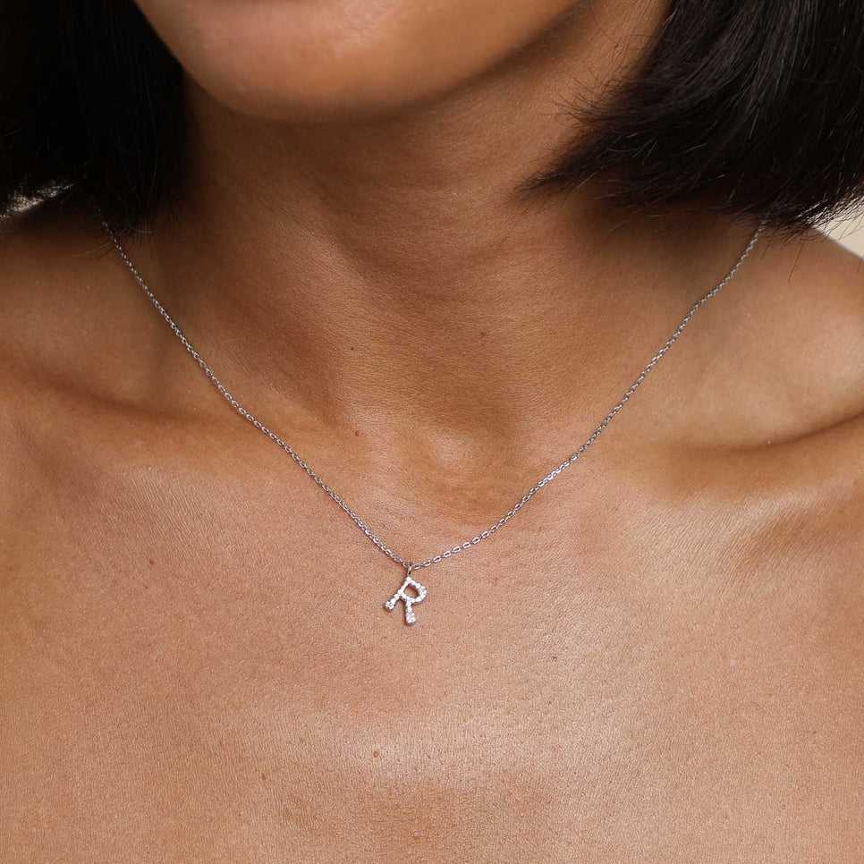 Gemstone Necklaces - R Initial Pavé Pendant Necklace in Silver - Pendant Necklace - Astrid &amp; Miyu