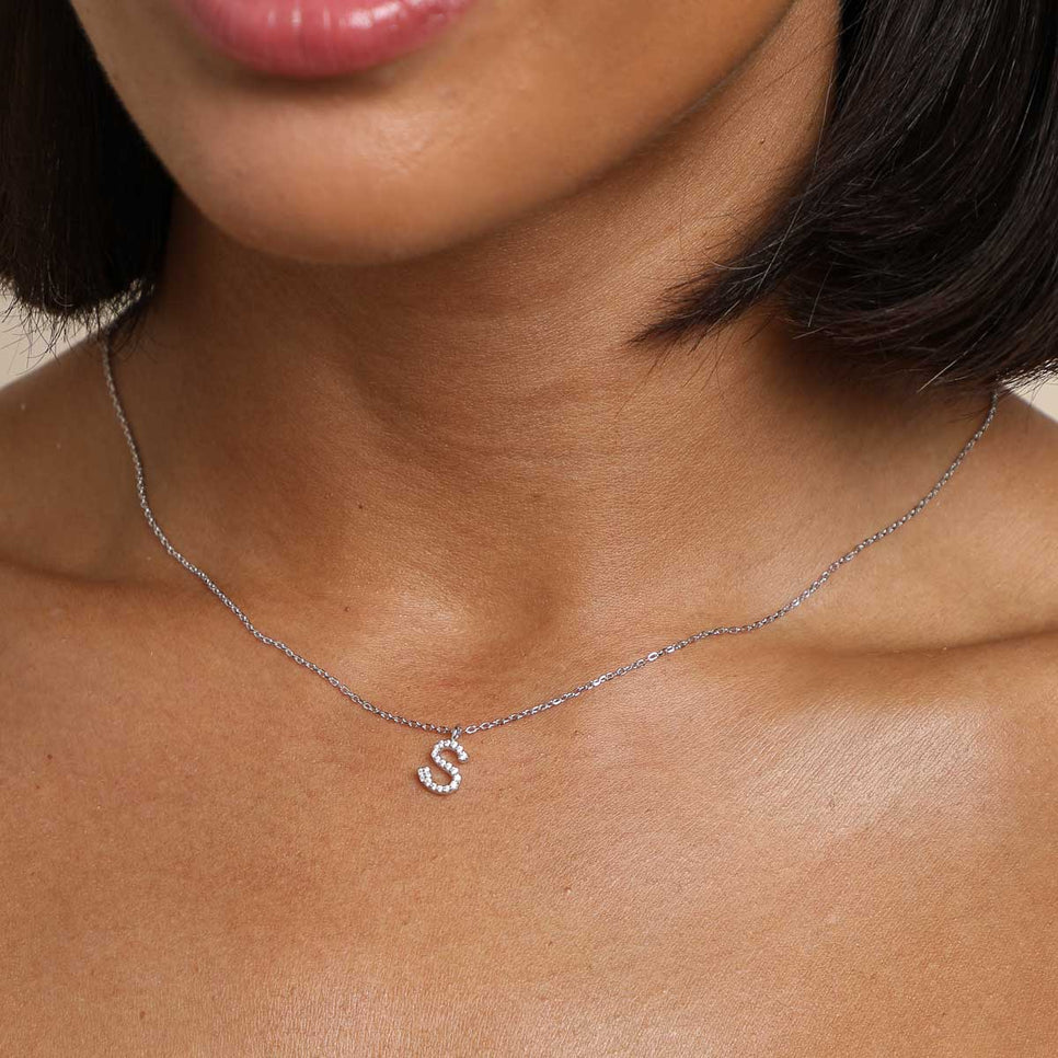 Gemstone Necklaces - S Initial Pavé Pendant Necklace in Silver - Pendant Necklace - Astrid &amp; Miyu