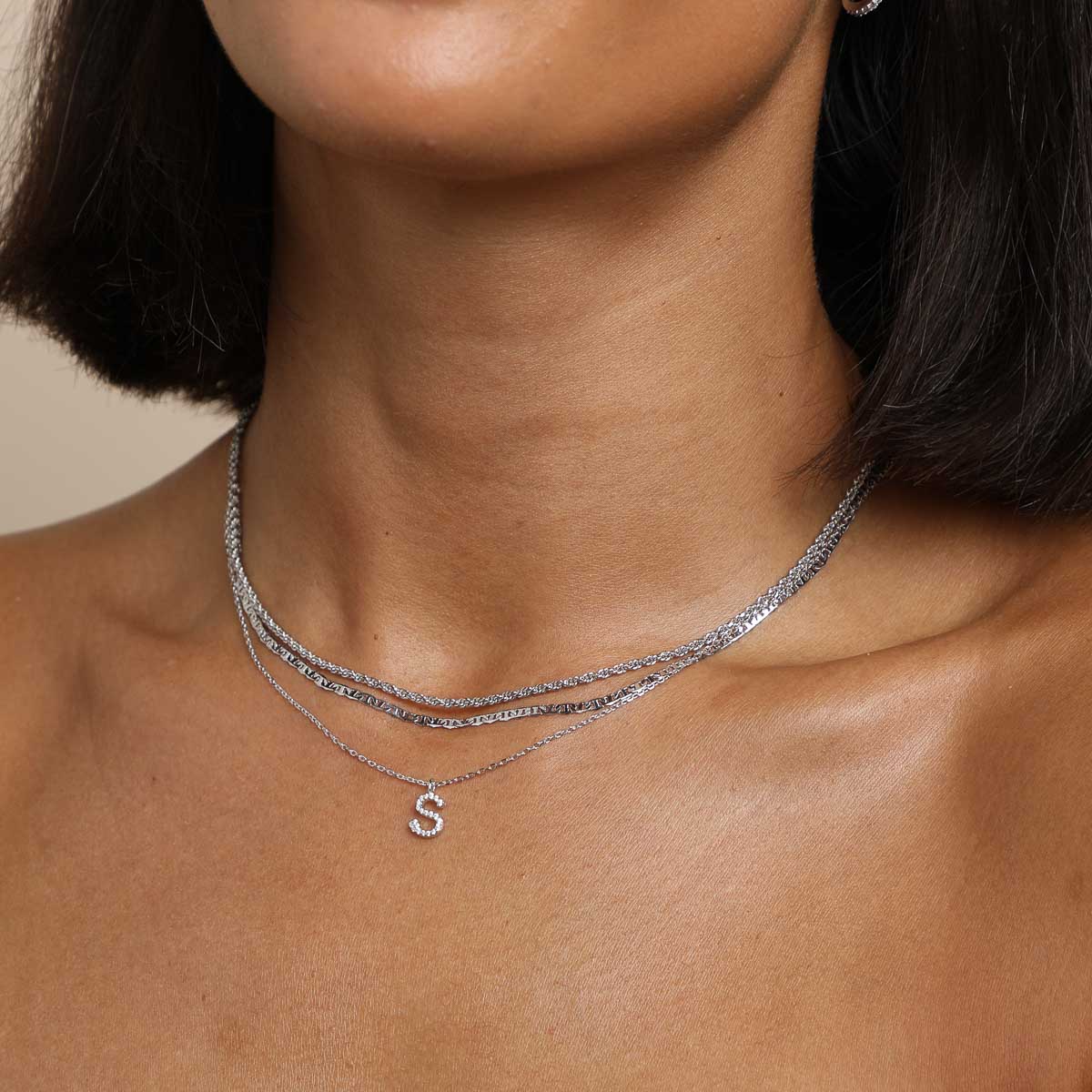 Gemstone Necklaces - S Initial Pavé Pendant Necklace in Silver - Pendant Necklace - Astrid &amp; Miyu