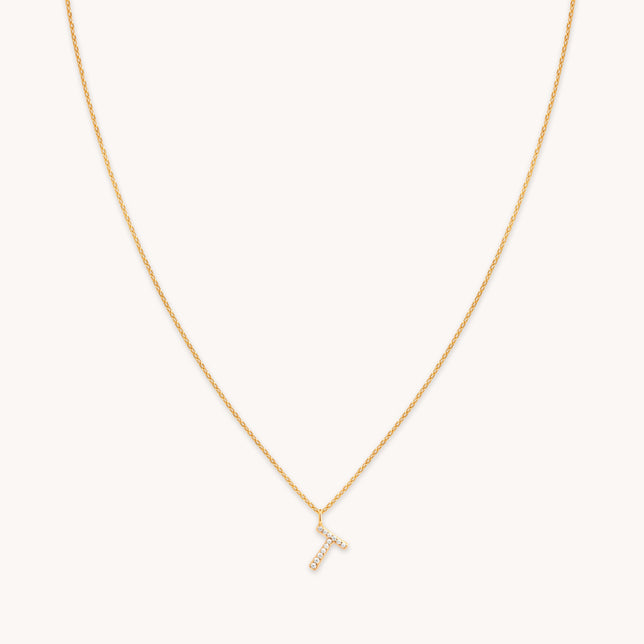 T Initial Pavé Pendant Necklace in Gold