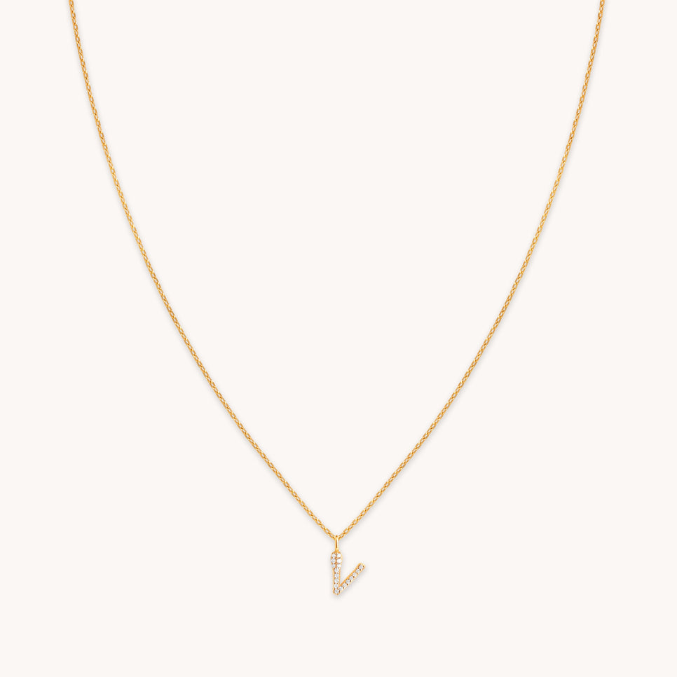 V Initial Pavé Pendant Necklace in Gold