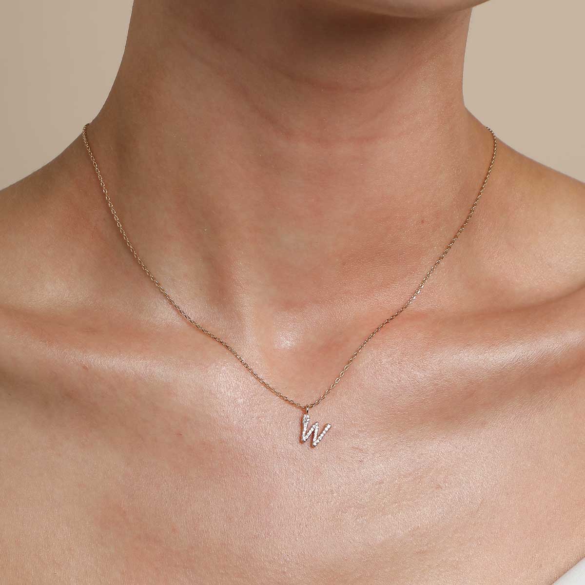 18k Gold Plated Jewellery - W Initial Pavé Pendant Necklace in Gold - Pendant Necklace - Astrid &amp; Miyu