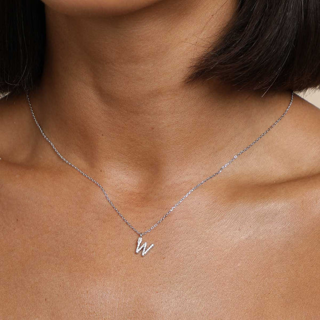 Gemstone Necklaces - W Initial Pavé Pendant Necklace in Silver - Pendant Necklace - Astrid &amp; Miyu