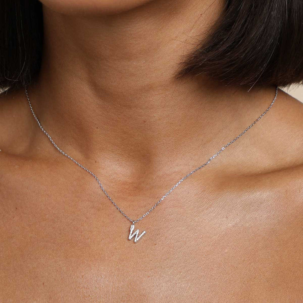 Gemstone Necklaces - W Initial Pavé Pendant Necklace in Silver - Pendant Necklace - Astrid &amp; Miyu