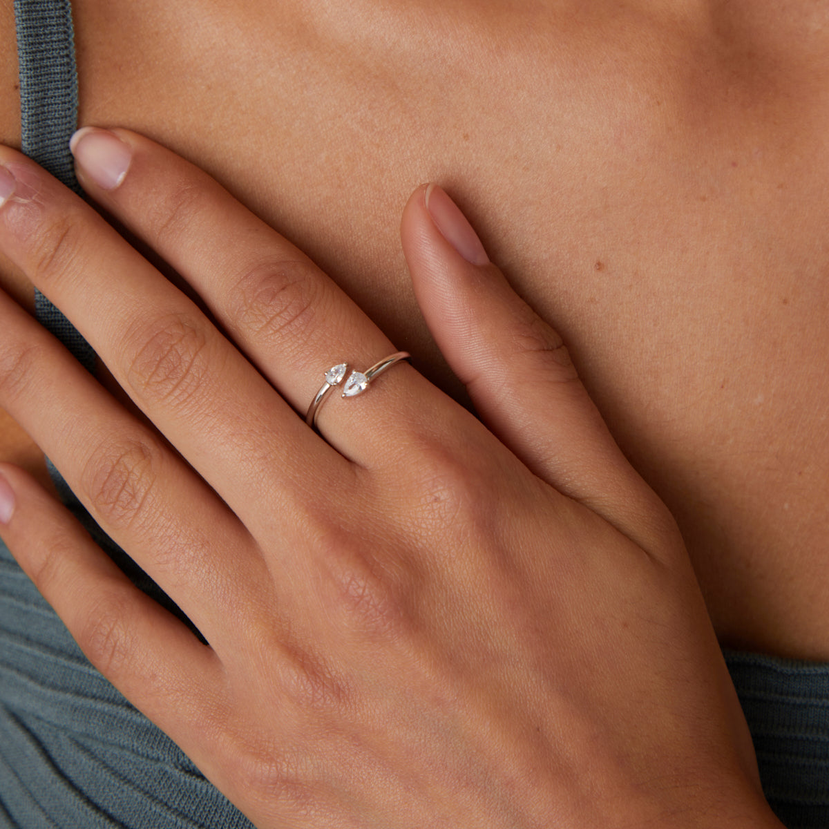 Crystal Pear Open Ring in Silver