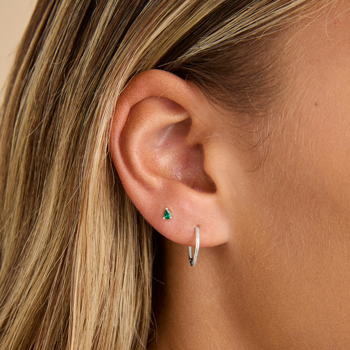 Emerald Pear Piercing Stud in Solid White Gold