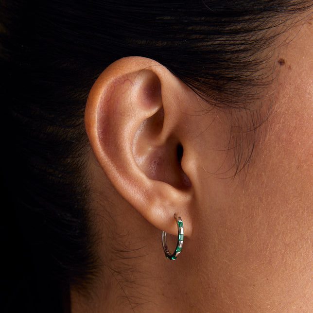 Emerald Baguette Hoops in Solid White Gold