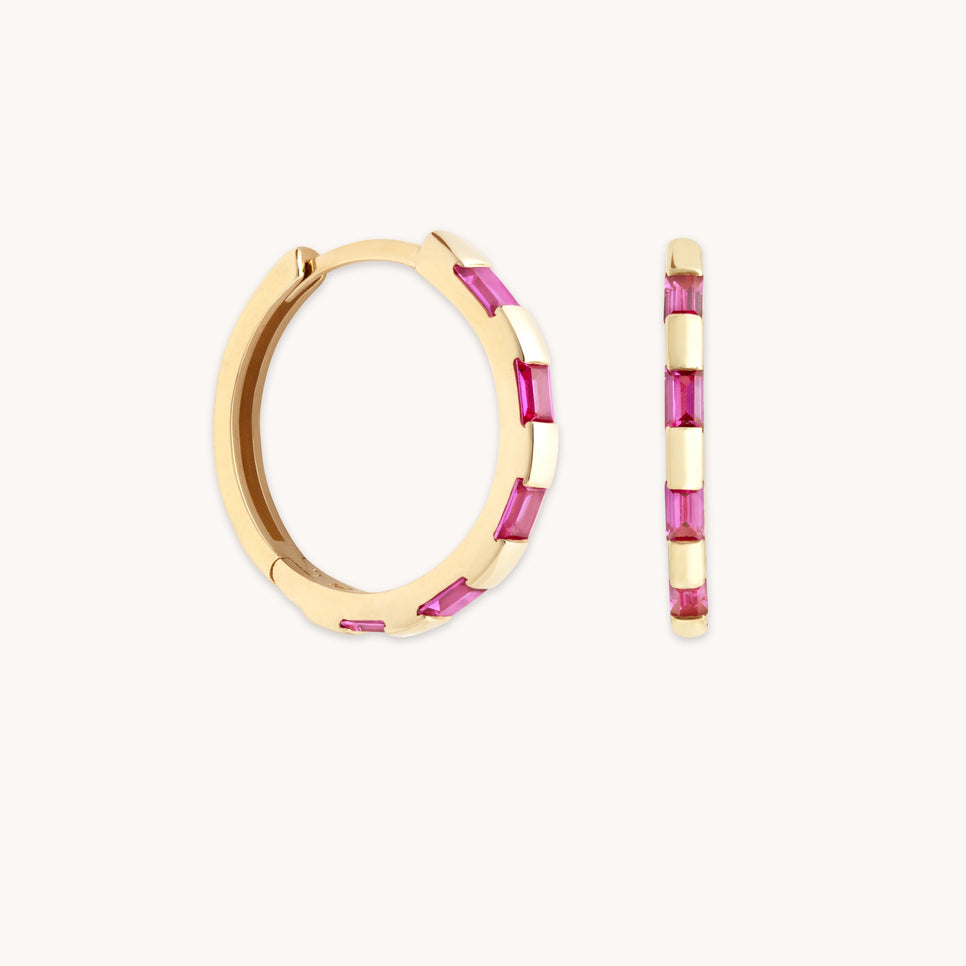 Pink Sapphire Baguette Hoops in Solid Gold