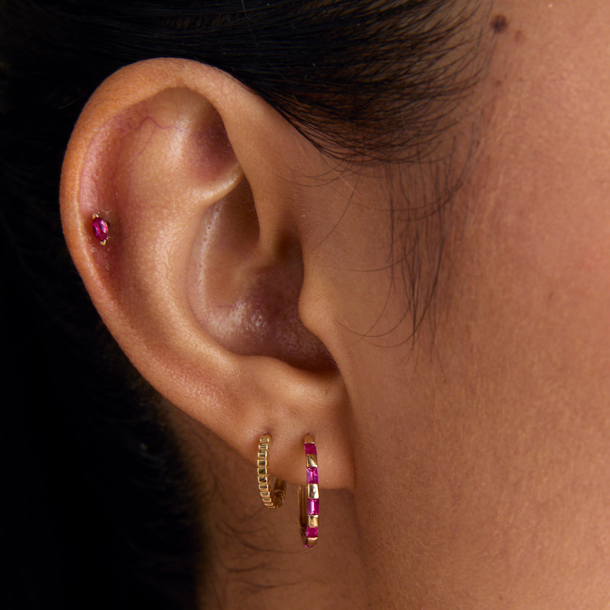 Pink Sapphire Baguette Hoops in Solid Gold
