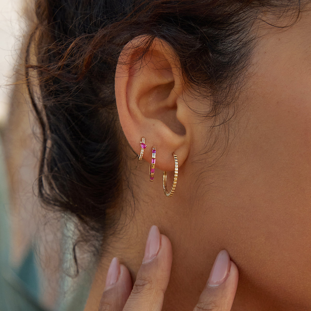 Pink Sapphire Baguette Hoops in Solid Gold