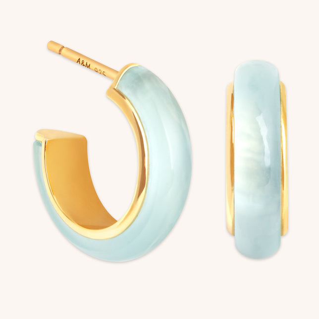 Aqua Chalcedony Carved Dome Hoops in Gold