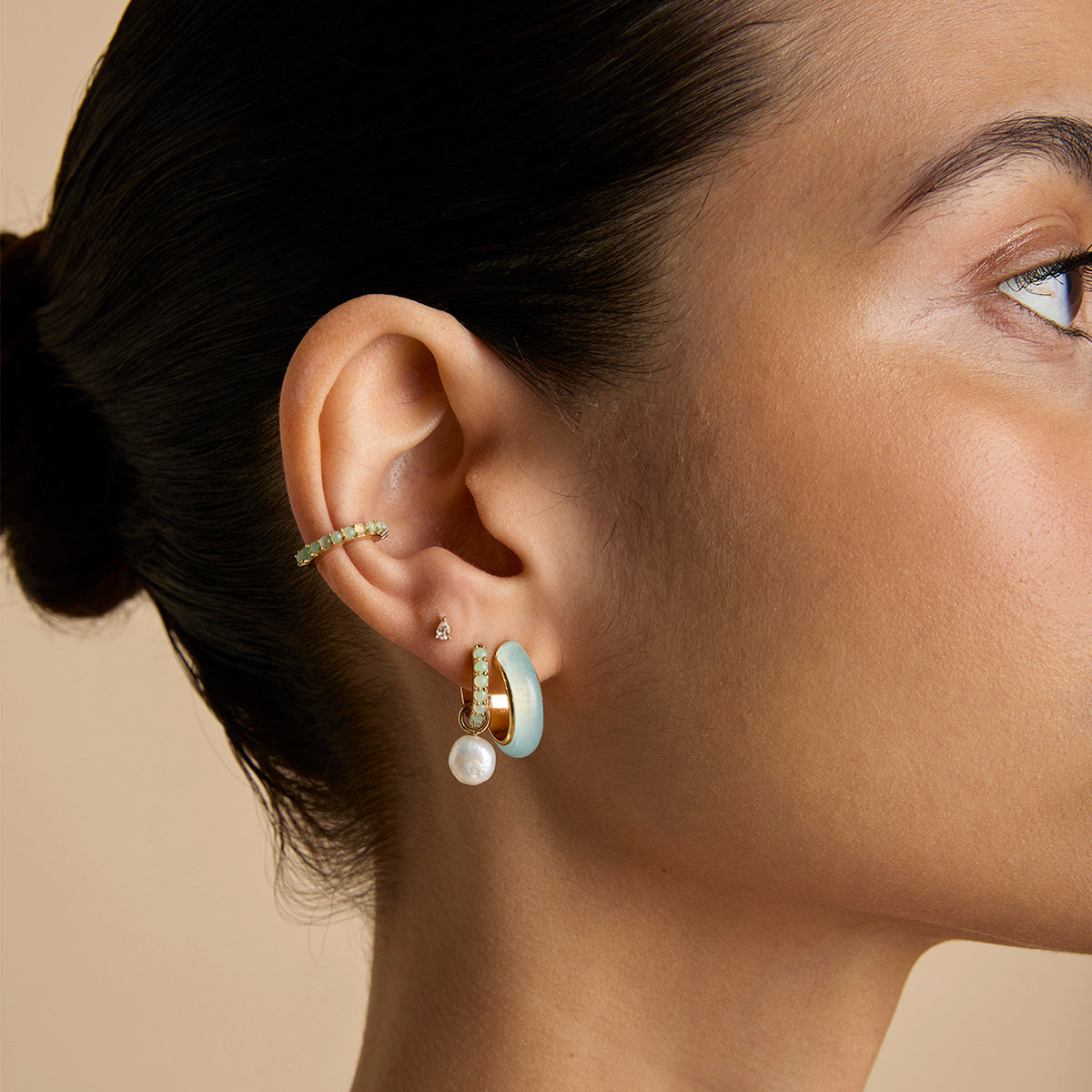 Aqua Chalcedony Carved Dome Hoops in Gold