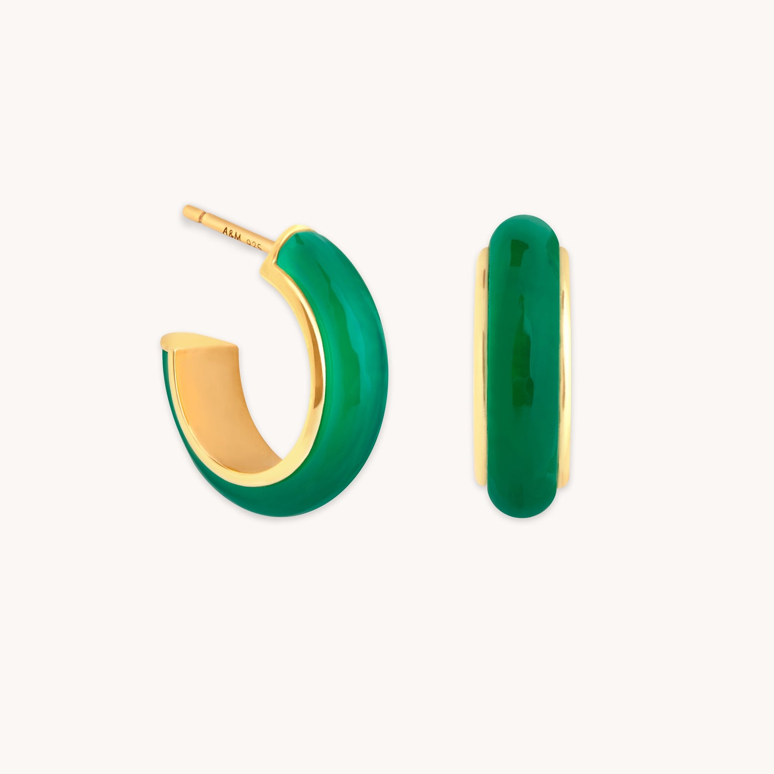 Green Onyx Carved Stone Hoops in Gold