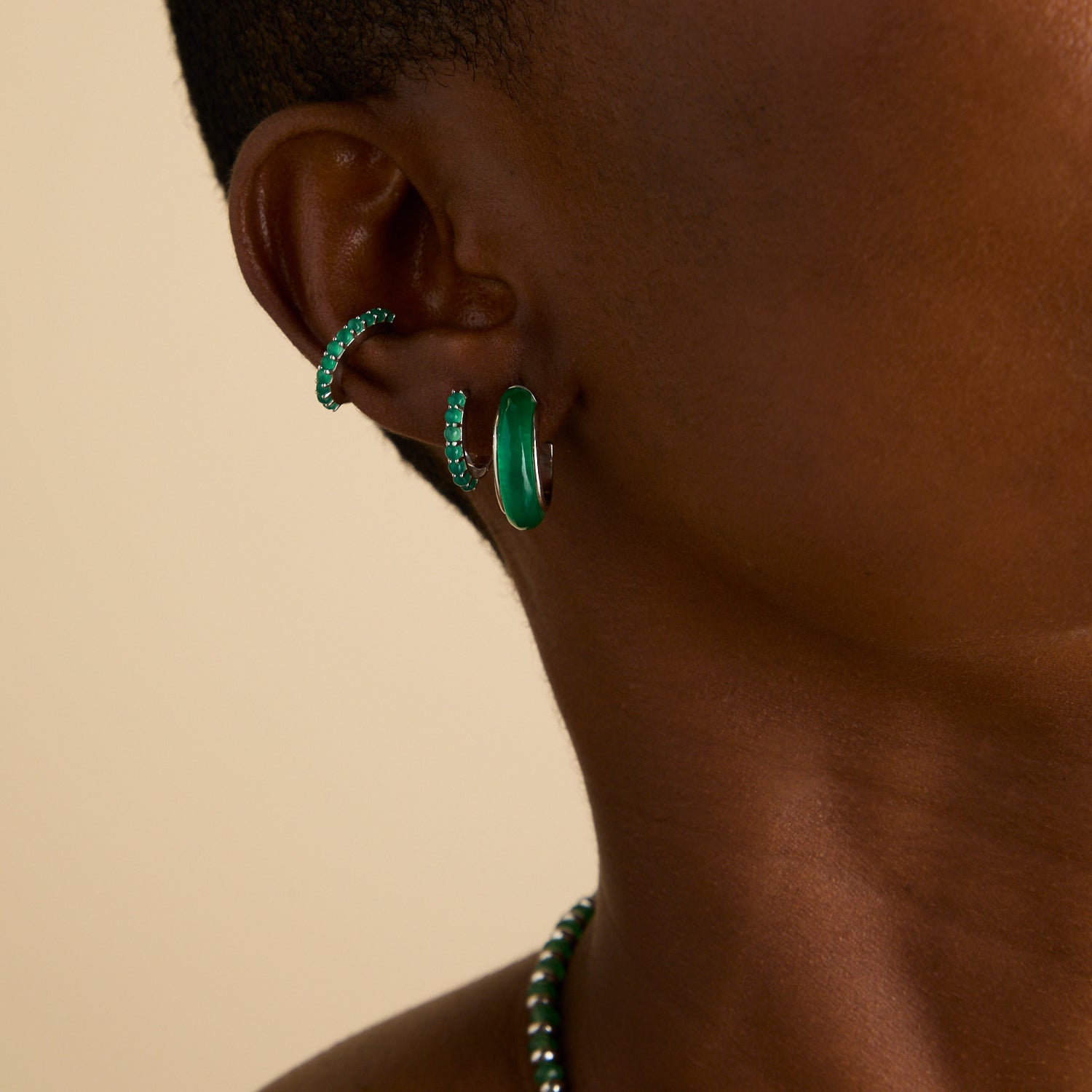 Green Onyx Carved Stone Hoops in Silver