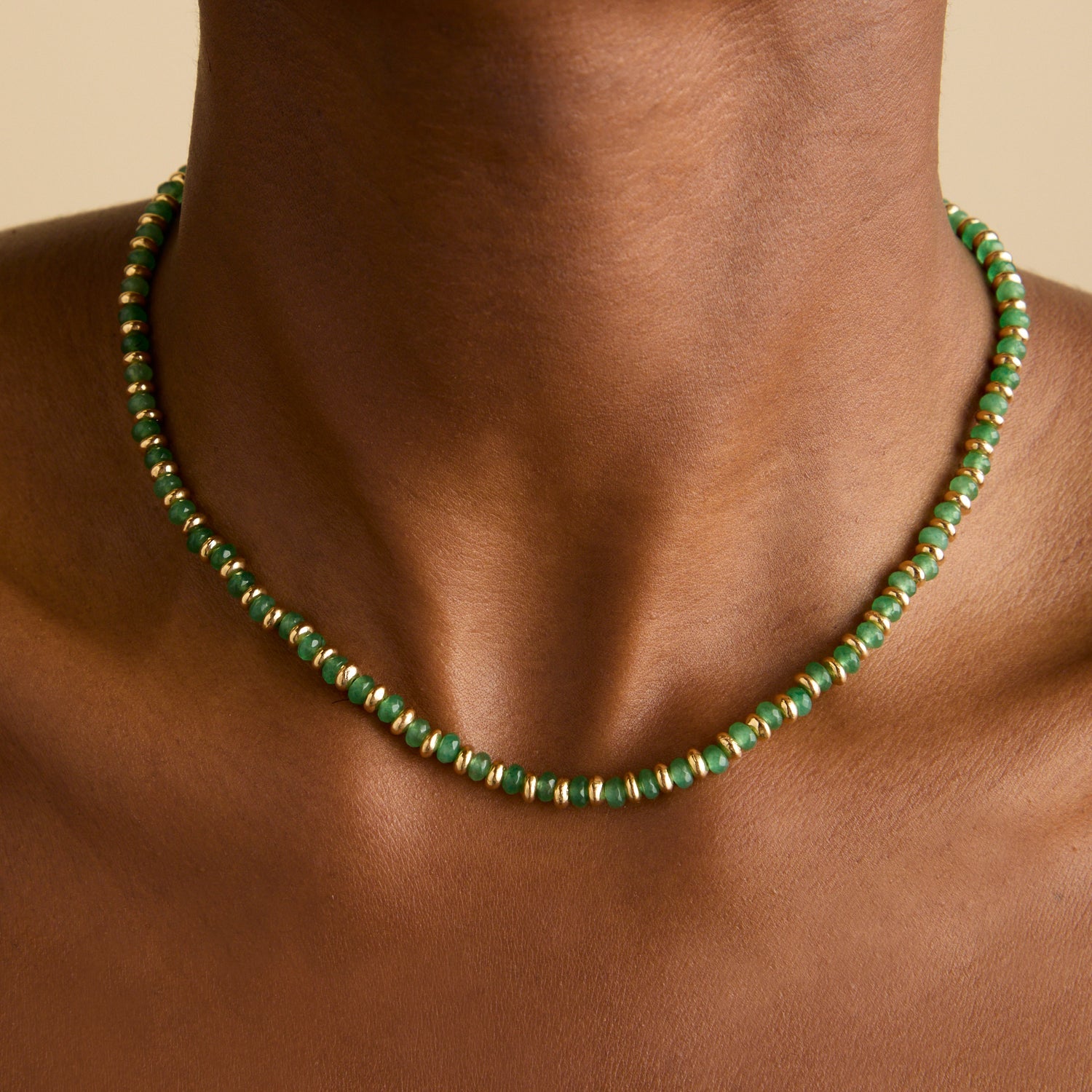 Green Agate Beaded Necklace in Gold